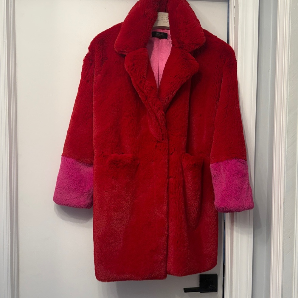 Bold Red Faux Fur Coat with Pink Cuff Accents